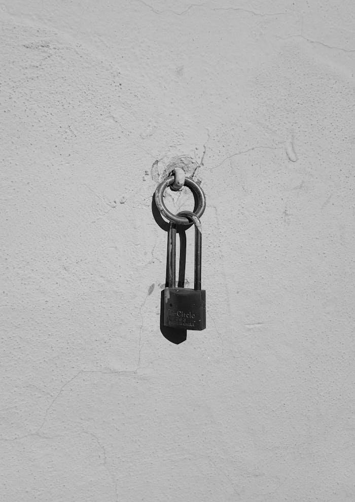 A solitary padlock hangs on a textured wall, captured in a monochrome minimalist style.